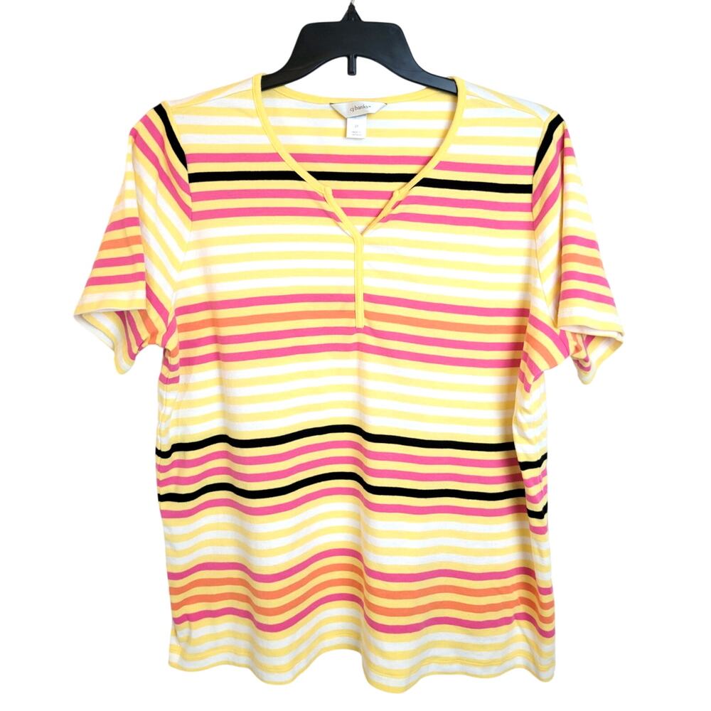CJ‎ Banks Top Women's Plus Size 2X Pink Yellow Striped Split Neck Short Sleeve